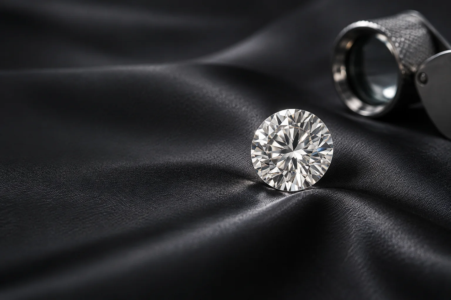 Round brilliant diamond on charcoal silk beside a jeweller’s loupe