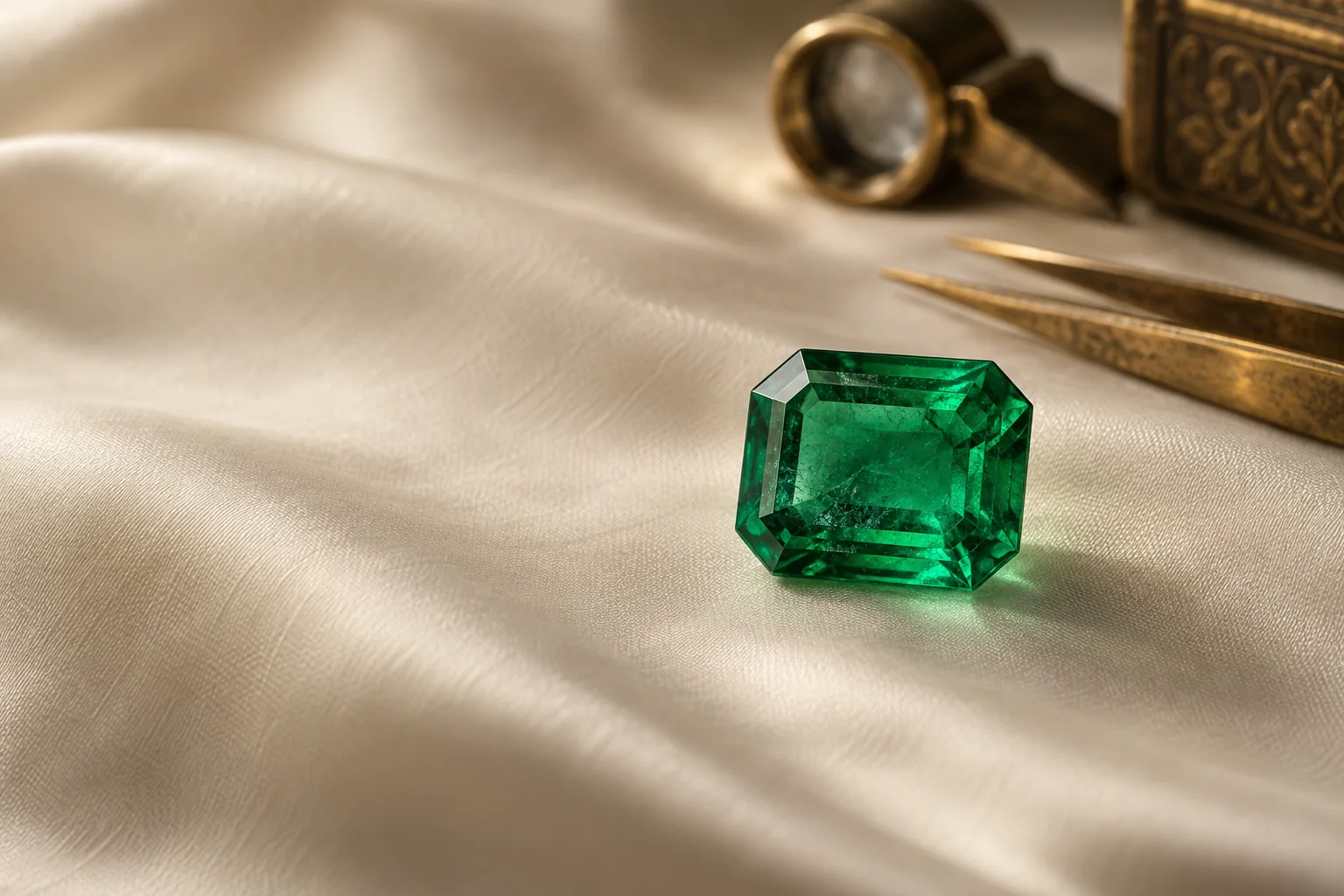 Emerald-cut green emerald on ivory silk with antique jeweller’s tools