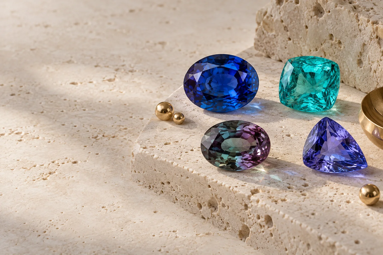 Royal-blue sapphire, Paraíba tourmaline, alexandrite and violet tanzanite on pale stone