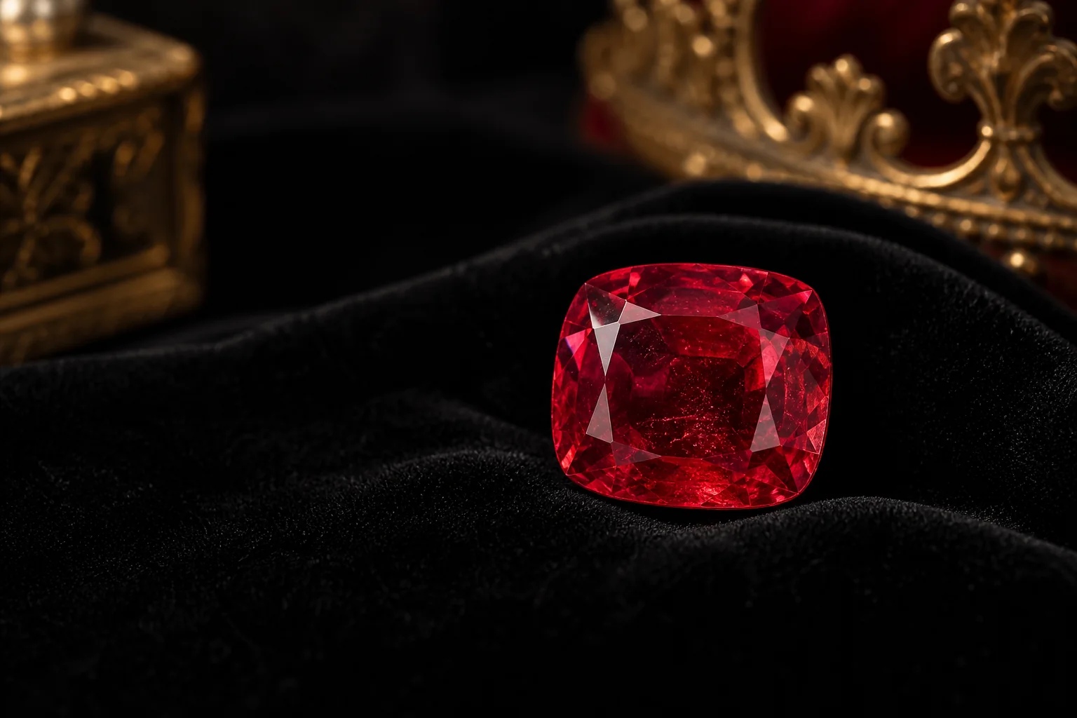 Deep red cushion-cut ruby on black velvet with antique gold details